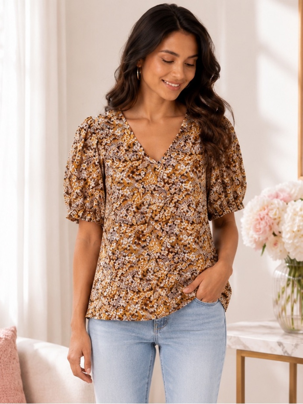 LC Lauren Conrad Floral V-Neck Puff Sleeve Blouse Tan Romantic Cottagecore S NWT